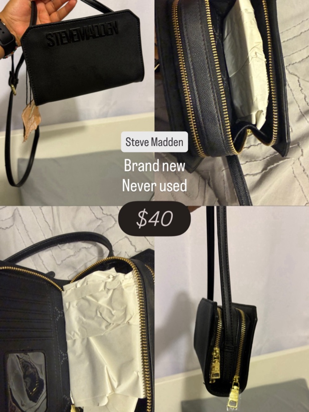 Steve Madden Black Leather Crossbody Wallet with Gold Hardware